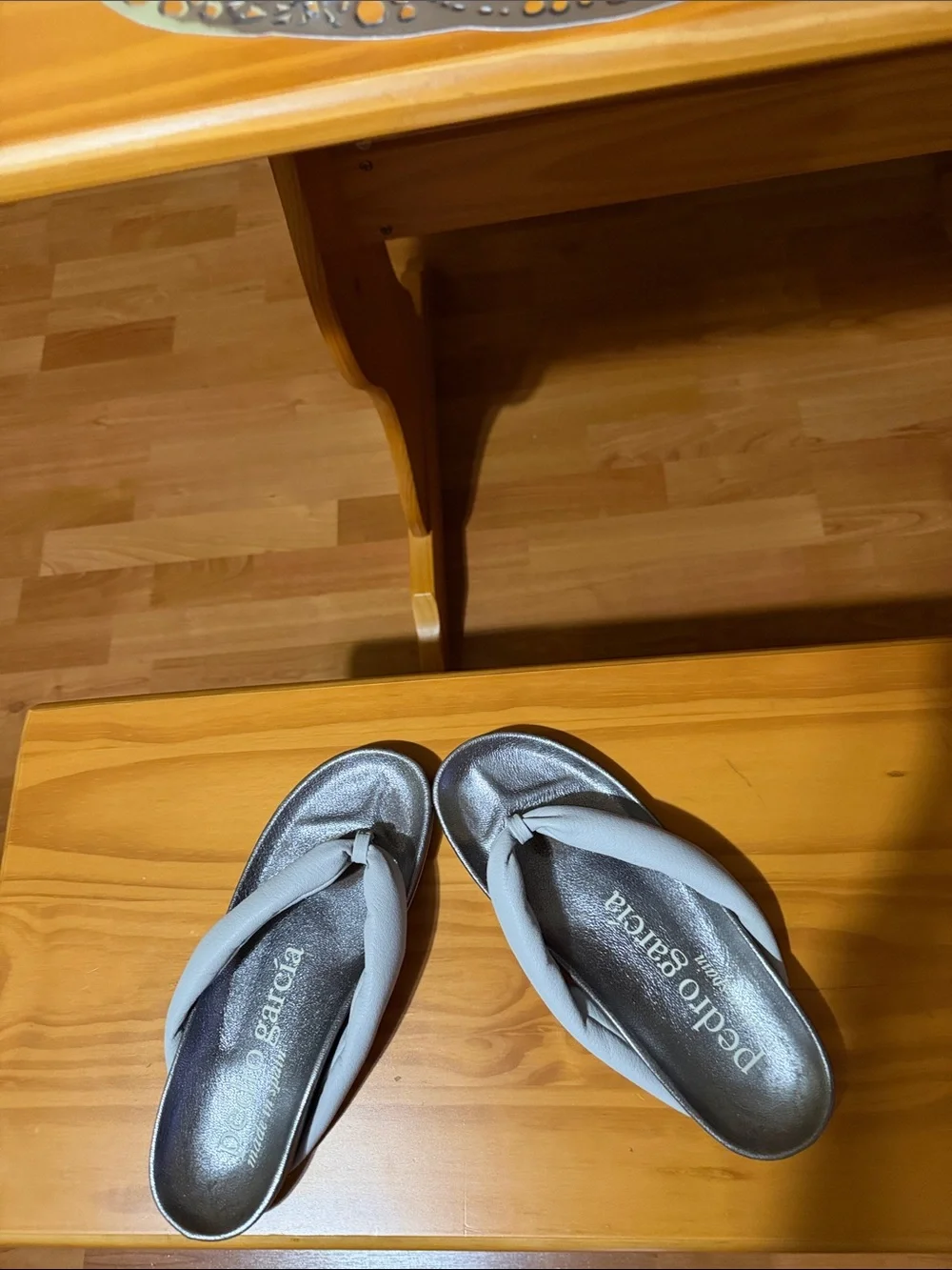 Pedro Garcia Light Gray Strap Sandals with Metallic Silver Footbed